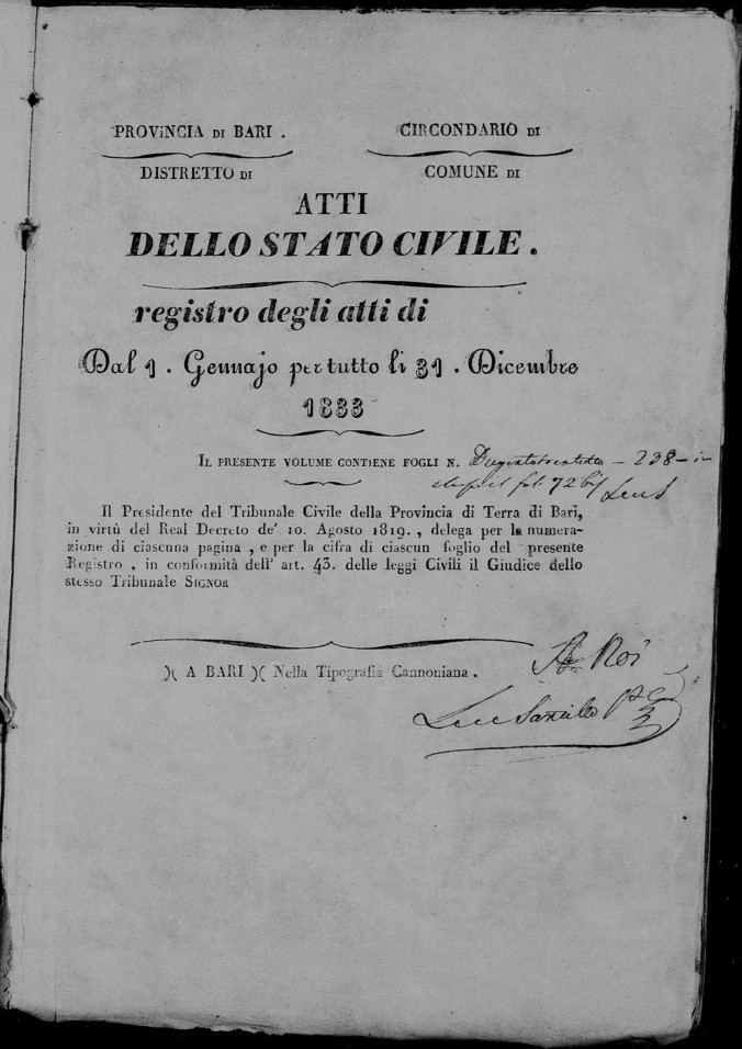 Birth Certificate - Michele Caso (1833) p.1